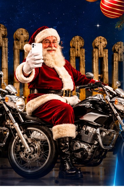 Papai Noel com uma das motos do sorteio